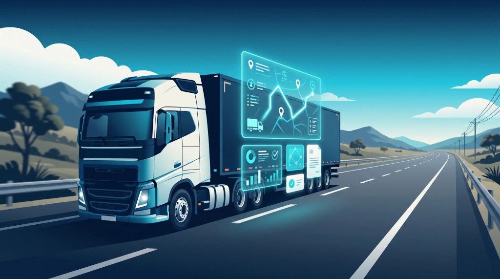 Caminhão de carga em rodovia com documentos fiscais digitais, representando CT-e e MDF-e no transporte